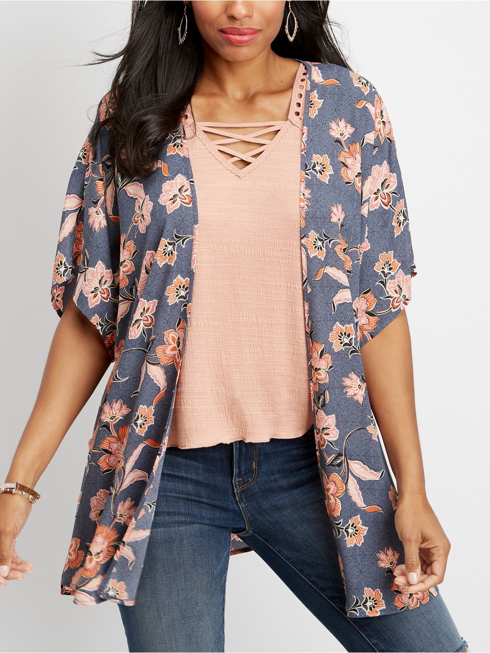 Maurices Navy Floral Open Kimono with Peach Accents